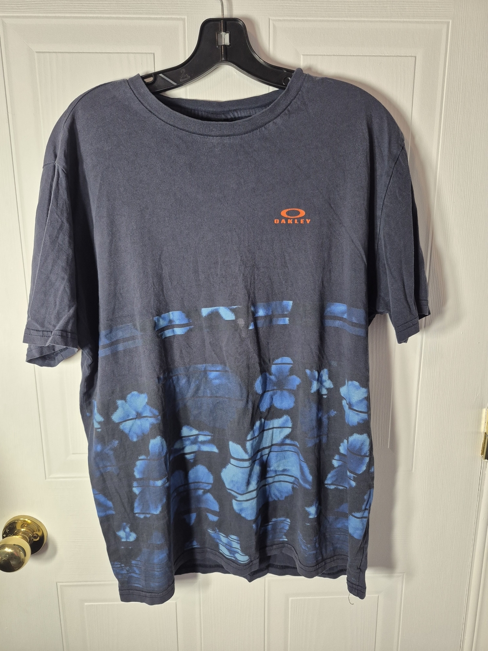 Oakley Aloha Hawaii Floral T-Shirt Blue Navy Orange Logo Men's Large